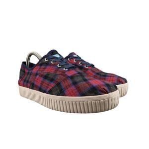 Toms Shoes Womens 8 Sneaker Cordones Indio Casual Fashion Plaid Red Blue Lace Up